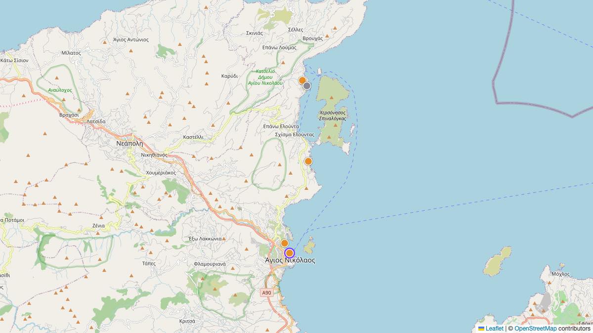 Map of the 5 Edit by Chase Travel hotels in Agios Nikolaos, Greece, each pin colored by nightly price tier