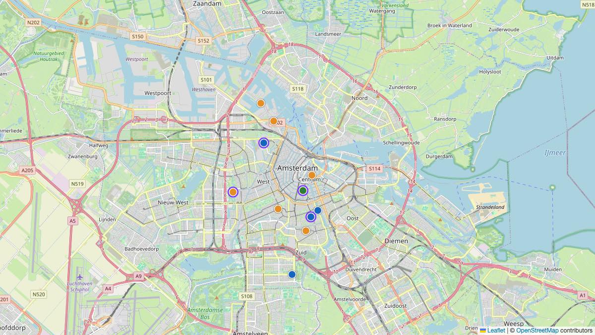 Map of the 11 Edit by Chase Travel hotels in Amsterdam, Netherlands, each pin colored by nightly price tier