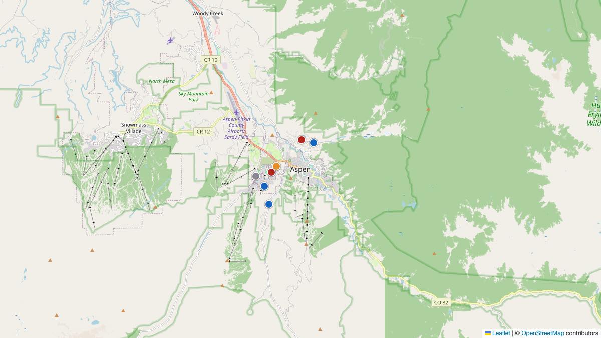 Map of the 7 Edit by Chase Travel hotels in Aspen, United States, each pin colored by nightly price tier