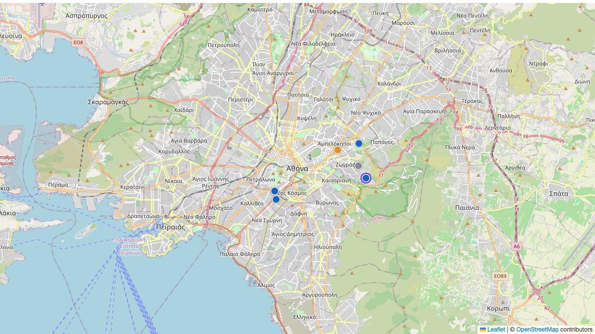 Map of the 6 Edit by Chase Travel hotels in Athens, Greece, each pin colored by nightly price tier
