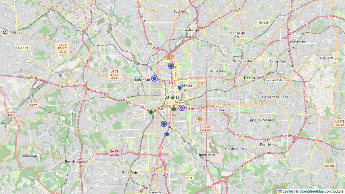 Map of the 11 Edit by Chase Travel hotels in Atlanta, United States, each pin colored by nightly price tier