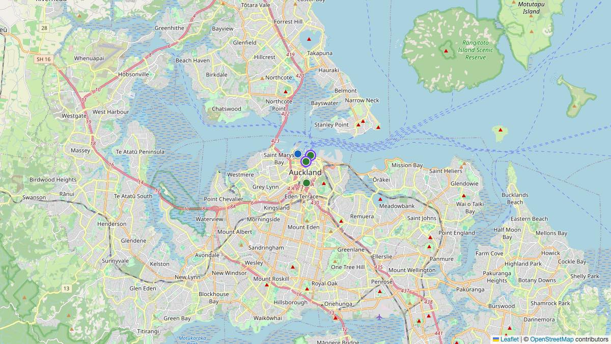 Map of the 4 Edit by Chase Travel hotels in Auckland, New Zealand, each pin colored by nightly price tier