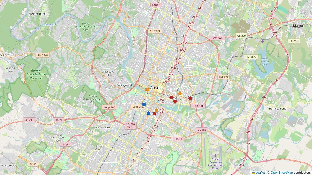 Map of the 9 Edit by Chase Travel hotels in Austin, United States, each pin colored by nightly price tier