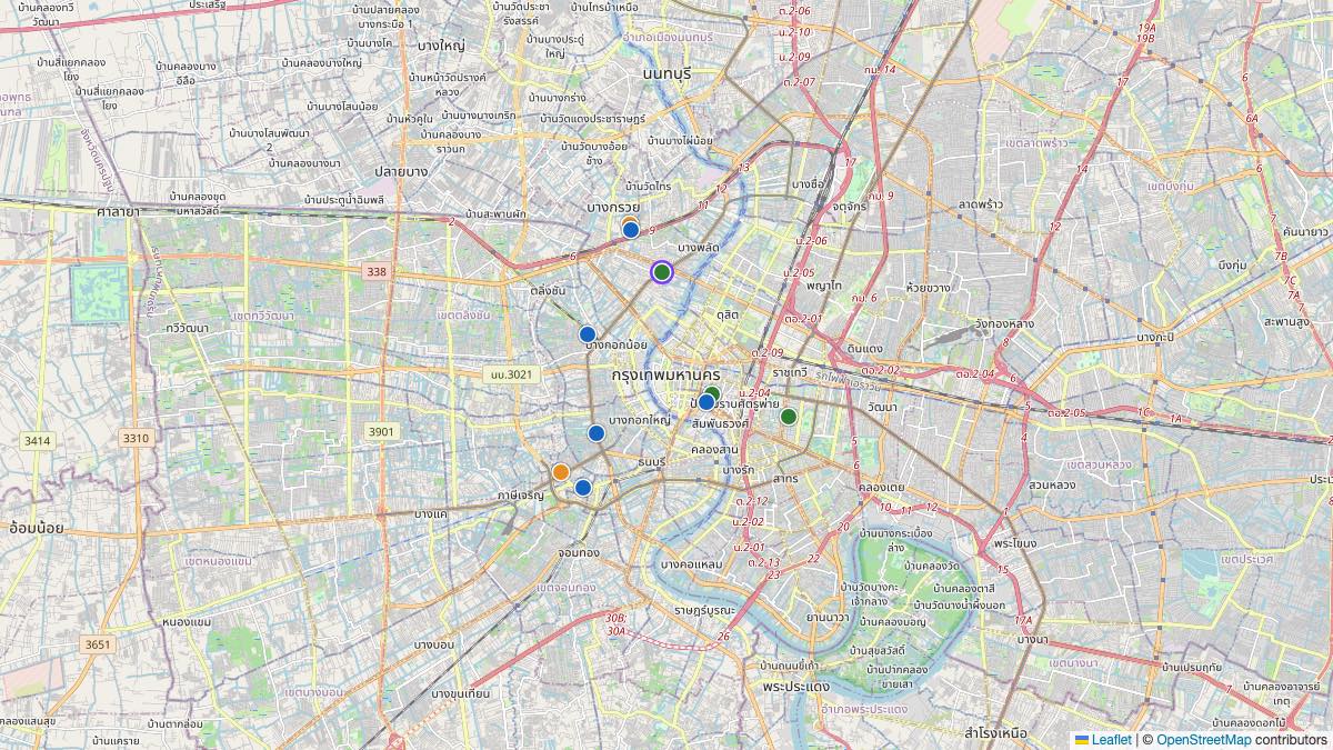 Map of the 10 Edit by Chase Travel hotels in Bangkok, Thailand, each pin colored by nightly price tier
