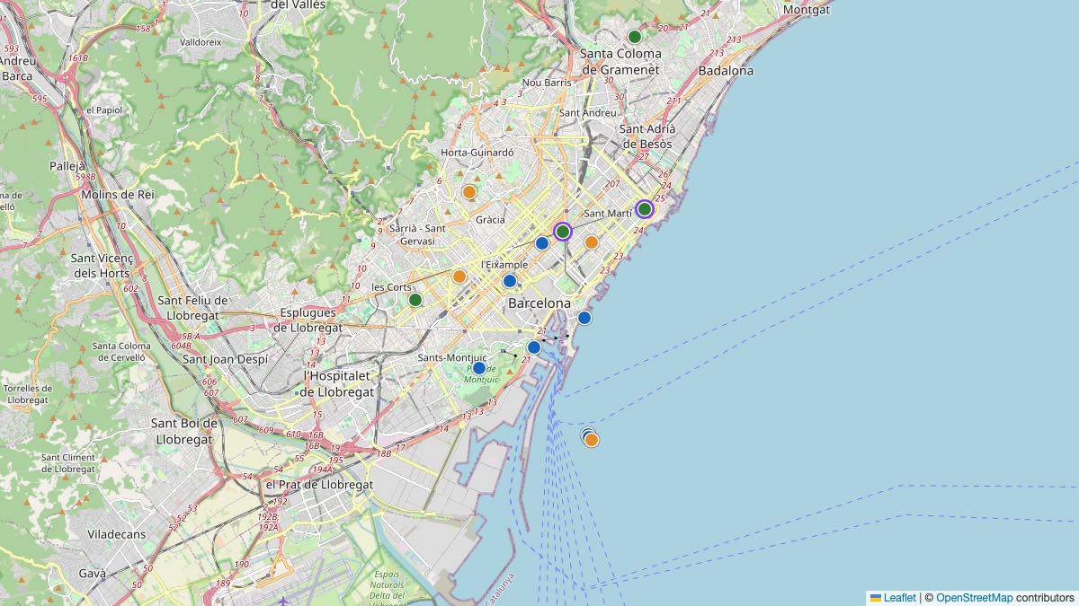 Map of the 13 Edit by Chase Travel hotels in Barcelona, Spain, each pin colored by nightly price tier