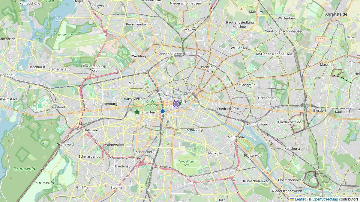 Map of the 4 Edit by Chase Travel hotels in Berlin, Germany, each pin colored by nightly price tier