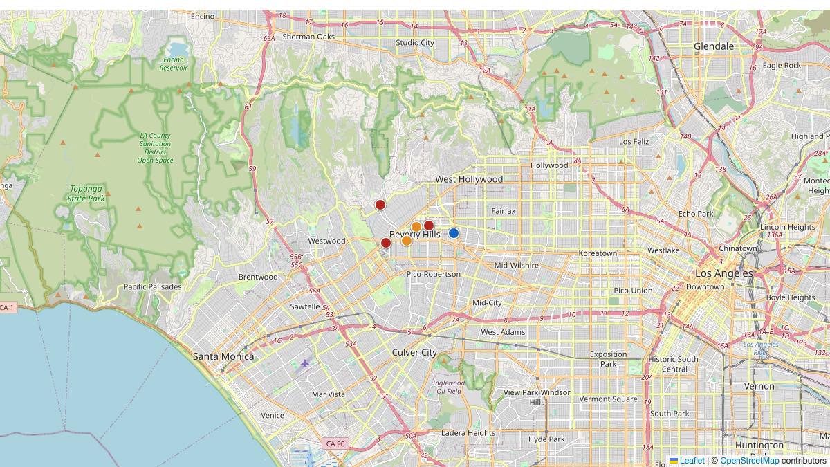 Map of the 4 Edit by Chase Travel hotels in Beverly Hills, United States, each pin colored by nightly price tier