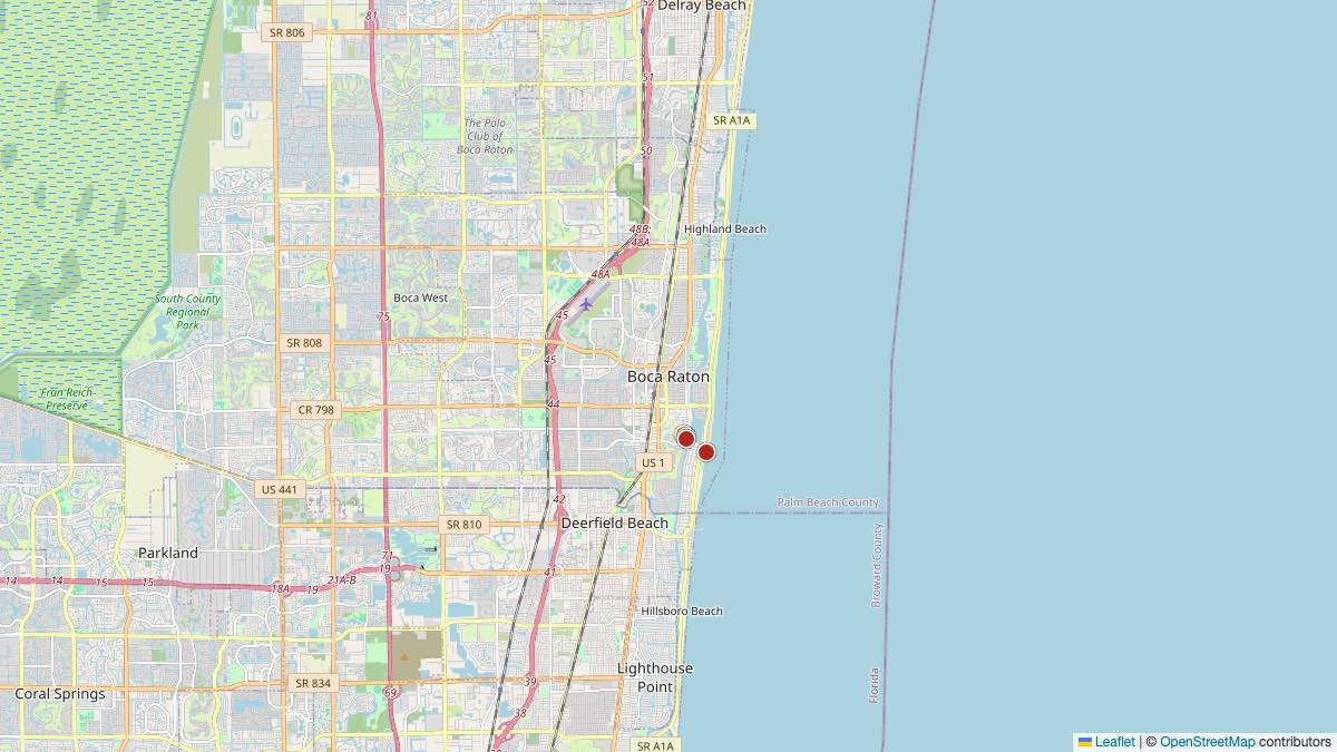 Map of the 4 Edit by Chase Travel hotels in Boca Raton, United States, each pin colored by nightly price tier
