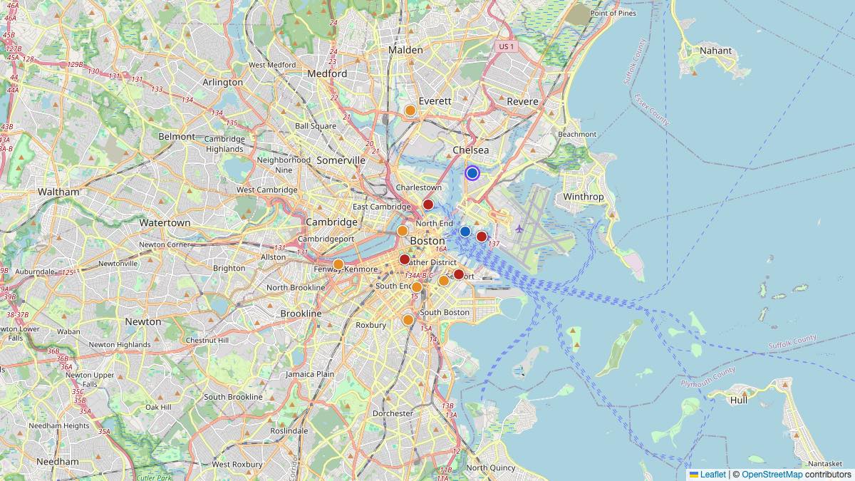 Map of the 12 Edit by Chase Travel hotels in Boston, United States, each pin colored by nightly price tier