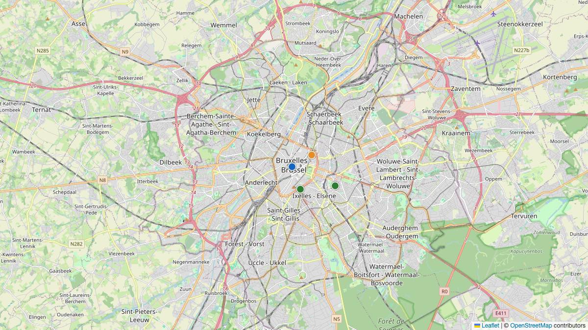 Map of the 4 Edit by Chase Travel hotels in Brussels, Belgium, each pin colored by nightly price tier