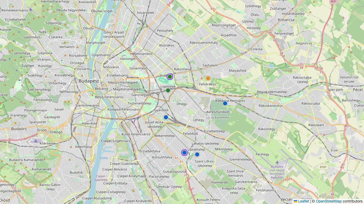 Map of the 7 Edit by Chase Travel hotels in Budapest, Hungary, each pin colored by nightly price tier
