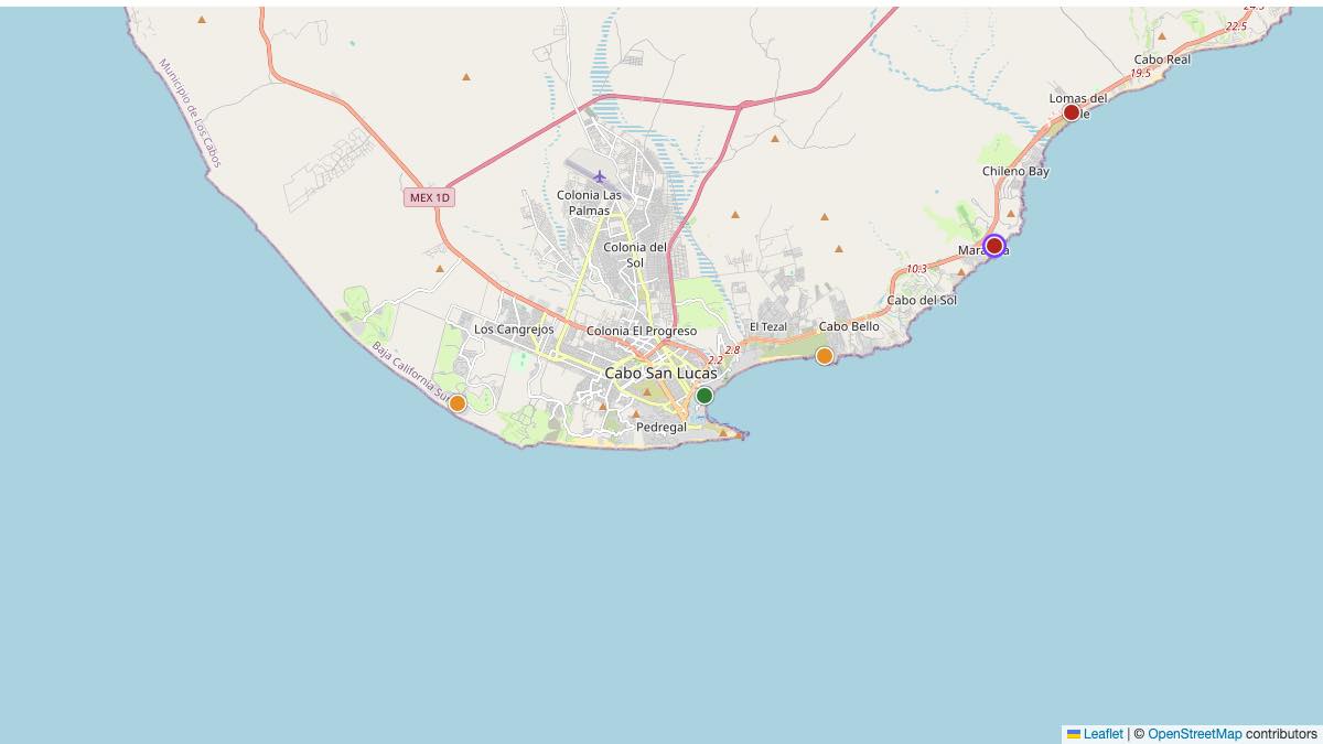 Map of the 5 Edit by Chase Travel hotels in Cabo San Lucas, Mexico, each pin colored by nightly price tier