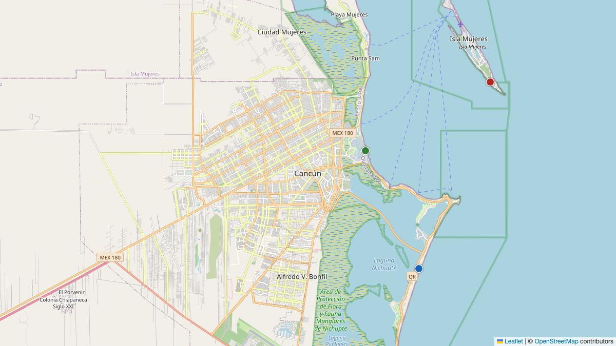 Map of the 4 Edit by Chase Travel hotels in Cancun, Mexico, each pin colored by nightly price tier