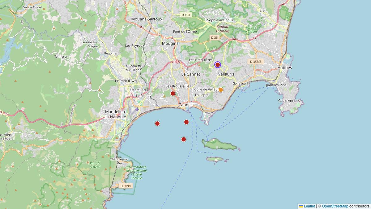 Map of the 6 Edit by Chase Travel hotels in Cannes, France, each pin colored by nightly price tier