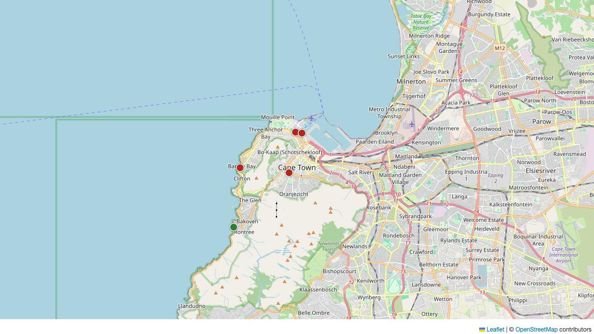 Map of the 5 Edit by Chase Travel hotels in Cape Town, South Africa, each pin colored by nightly price tier