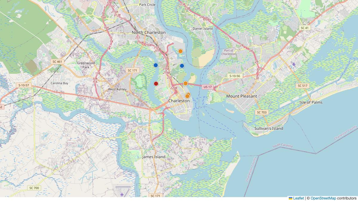 Map of the 7 Edit by Chase Travel hotels in Charleston, United States, each pin colored by nightly price tier