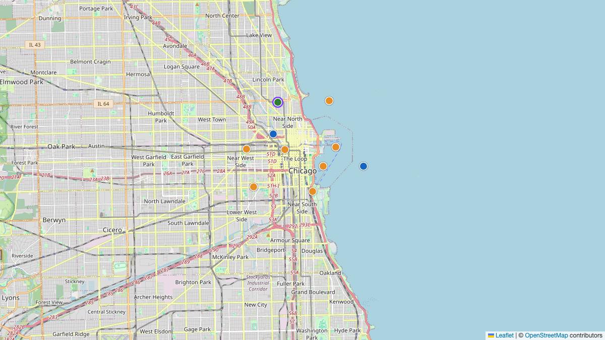 Map of the 12 Edit by Chase Travel hotels in Chicago, United States, each pin colored by nightly price tier