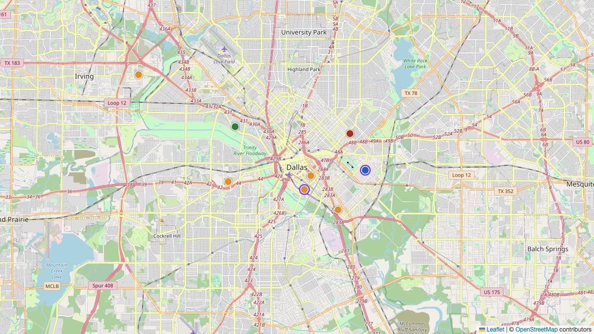 Map of the 7 Edit by Chase Travel hotels in Dallas, United States, each pin colored by nightly price tier