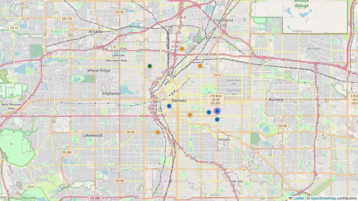 Map of the 9 Edit by Chase Travel hotels in Denver, United States, each pin colored by nightly price tier