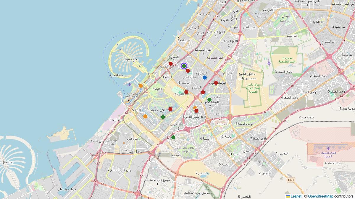 Map of the 15 Edit by Chase Travel hotels in Dubai, United Arab Emirates, each pin colored by nightly price tier