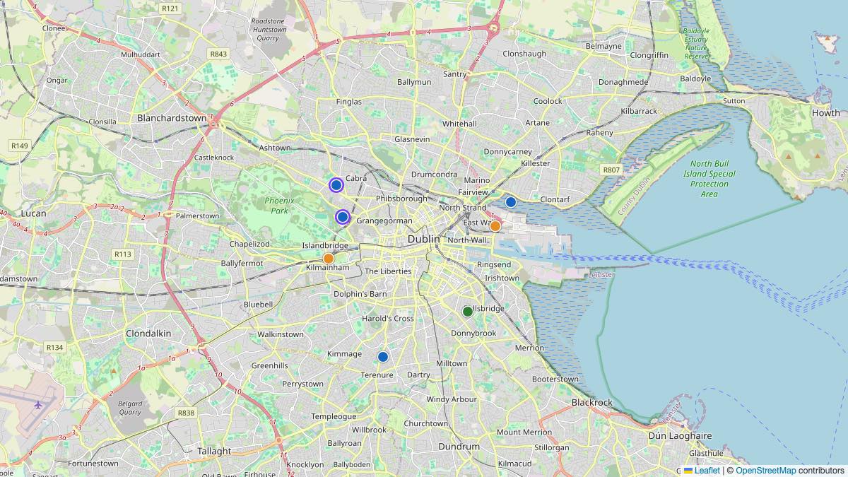 Map of the 7 Edit by Chase Travel hotels in Dublin, Ireland, each pin colored by nightly price tier