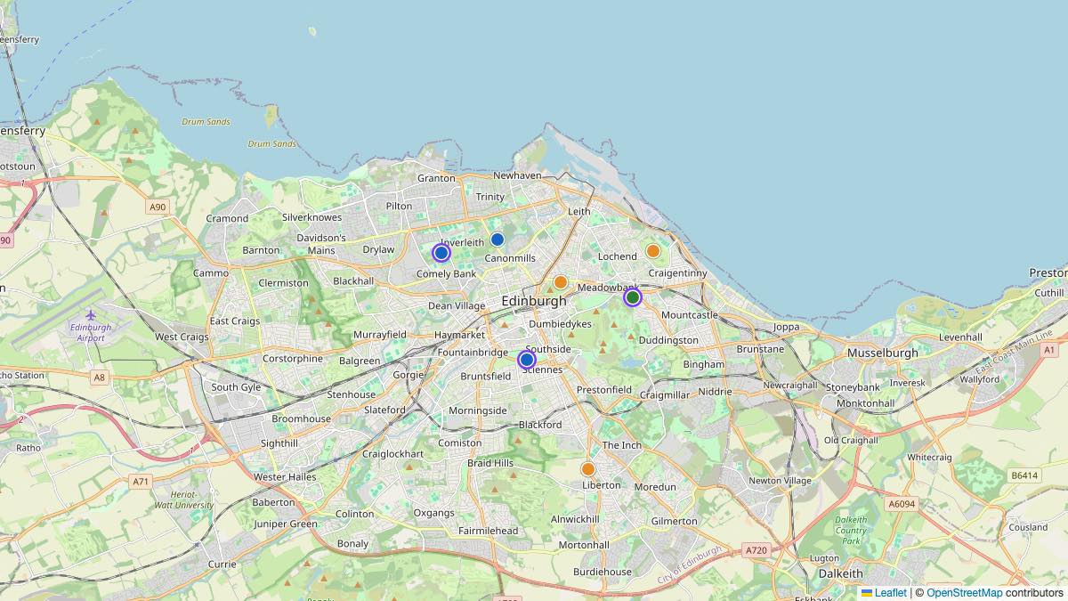 Map of the 7 Edit by Chase Travel hotels in Edinburgh, United Kingdom, each pin colored by nightly price tier