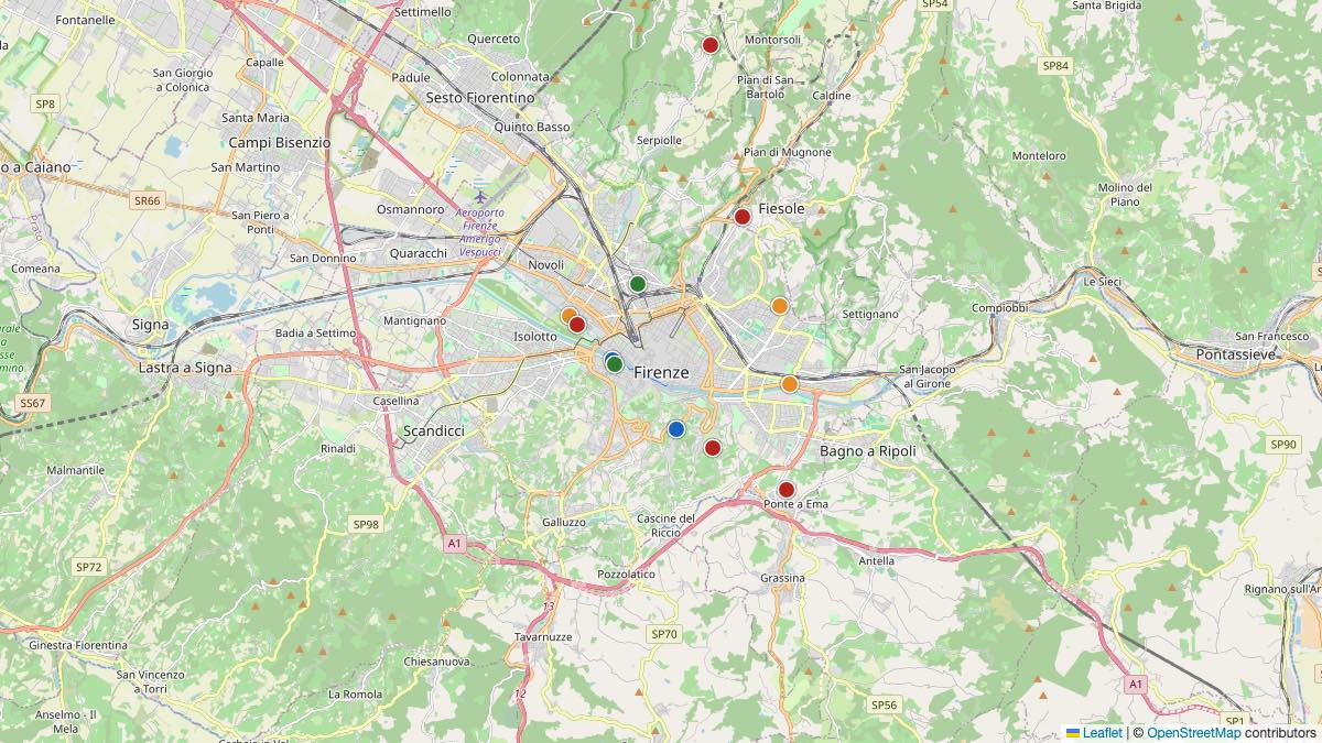 Map of the 11 Edit by Chase Travel hotels in Florence, Italy, each pin colored by nightly price tier