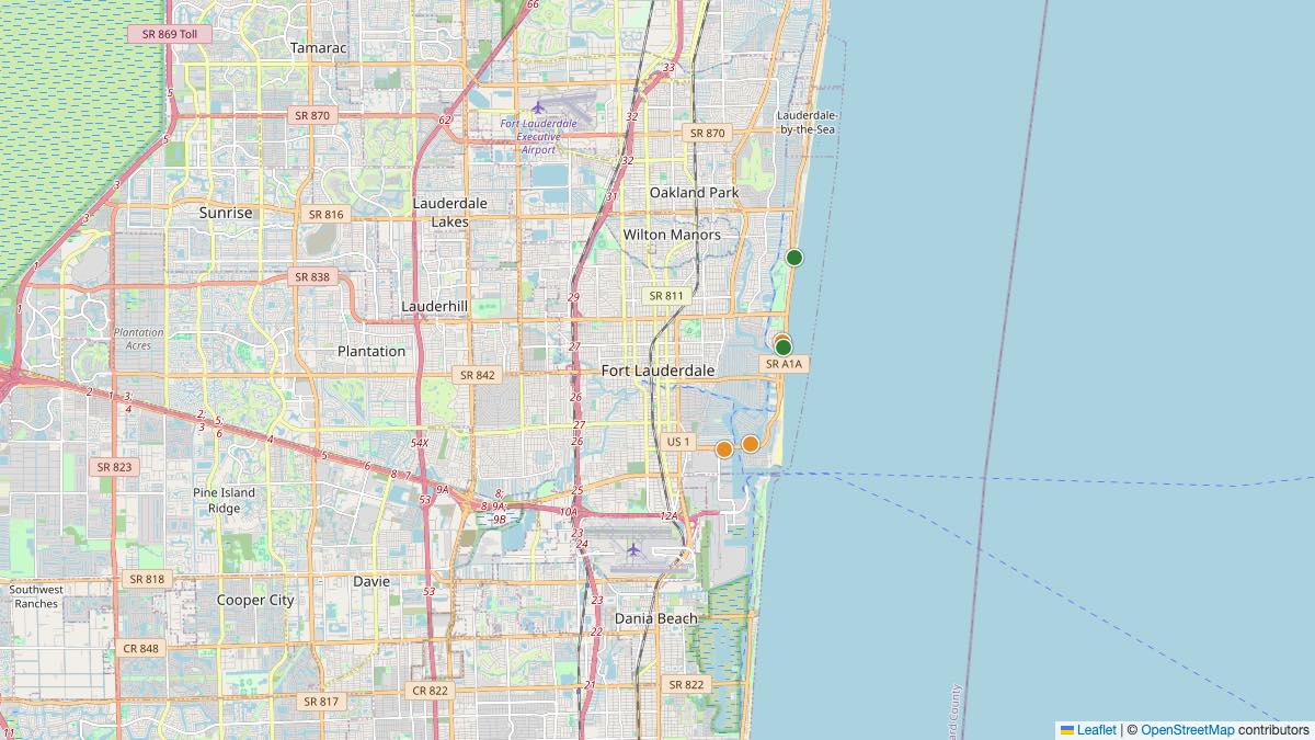 Map of the 5 Edit by Chase Travel hotels in Fort Lauderdale, United States, each pin colored by nightly price tier