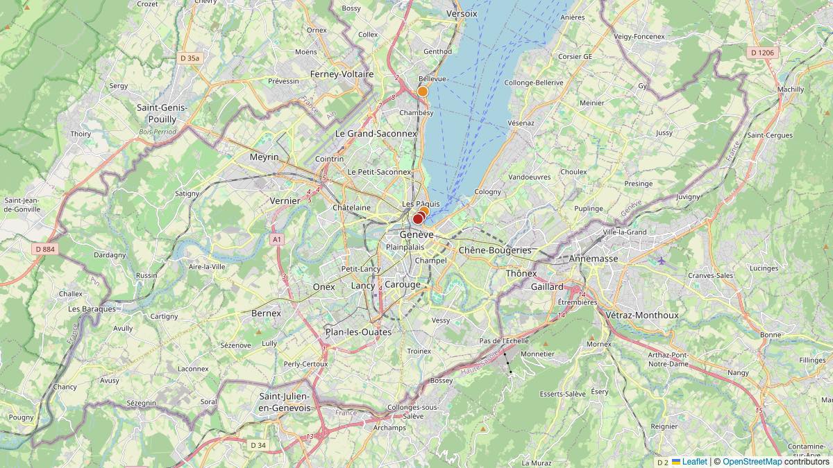 Map of the 4 Edit by Chase Travel hotels in Geneva, Switzerland, each pin colored by nightly price tier