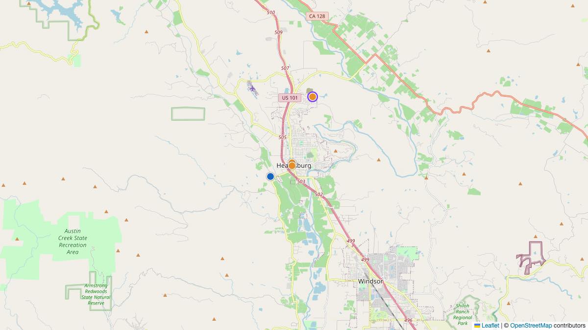 Map of the 4 Edit by Chase Travel hotels in Healdsburg, United States, each pin colored by nightly price tier