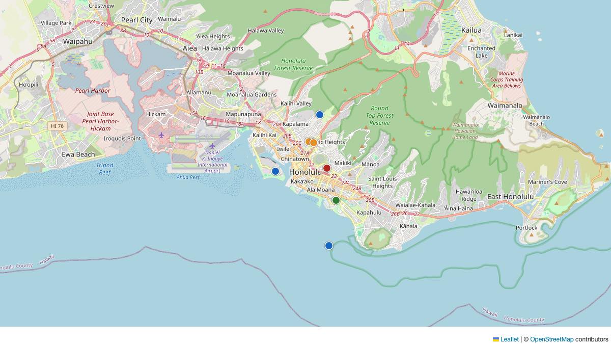 Map of the 7 Edit by Chase Travel hotels in Honolulu, United States, each pin colored by nightly price tier