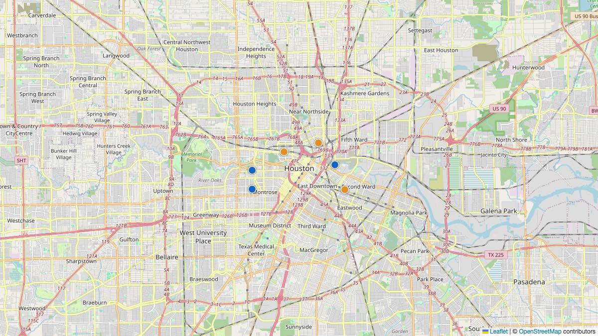 Map of the 6 Edit by Chase Travel hotels in Houston, United States, each pin colored by nightly price tier