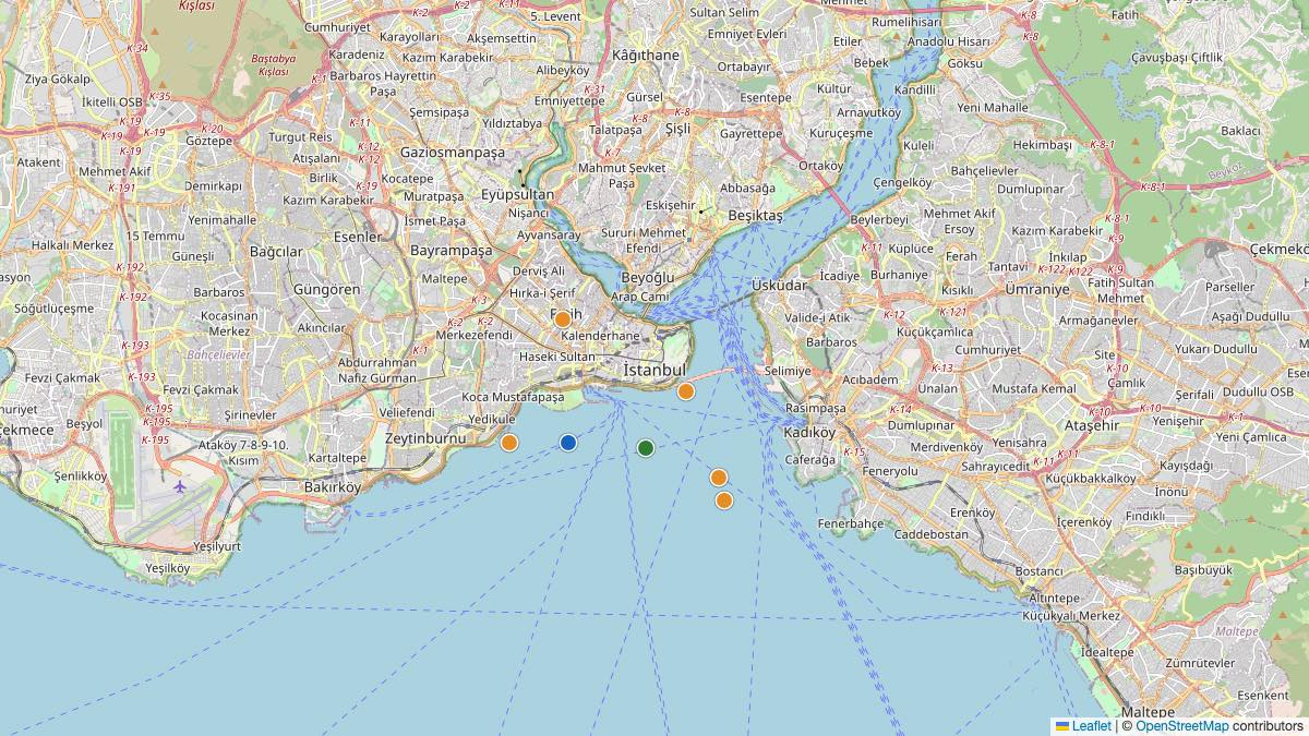Map of the 7 Edit by Chase Travel hotels in Istanbul, Türkiye, each pin colored by nightly price tier