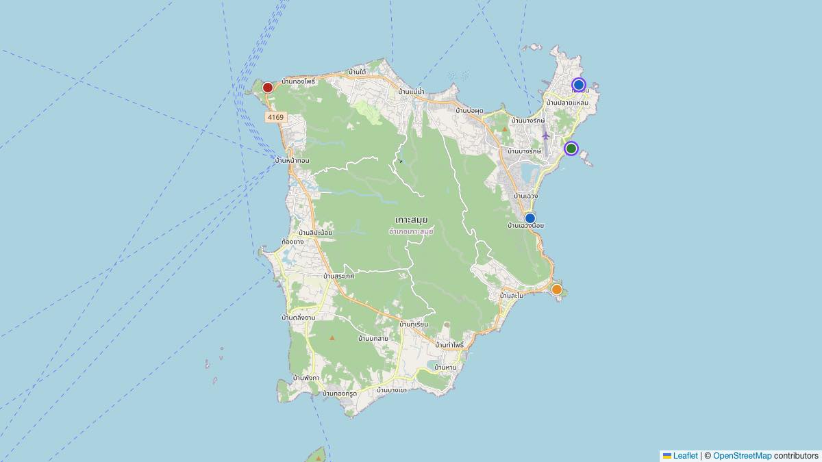 Map of the 5 Edit by Chase Travel hotels in Koh Samui, Thailand, each pin colored by nightly price tier