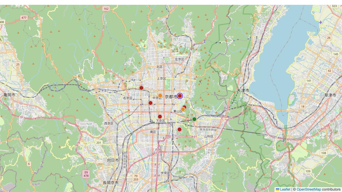 Map of the 9 Edit by Chase Travel hotels in Kyoto, Japan, each pin colored by nightly price tier