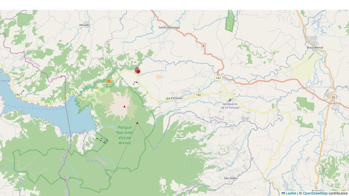 Map of the 4 Edit by Chase Travel hotels in La Fortuna, Costa Rica, each pin colored by nightly price tier