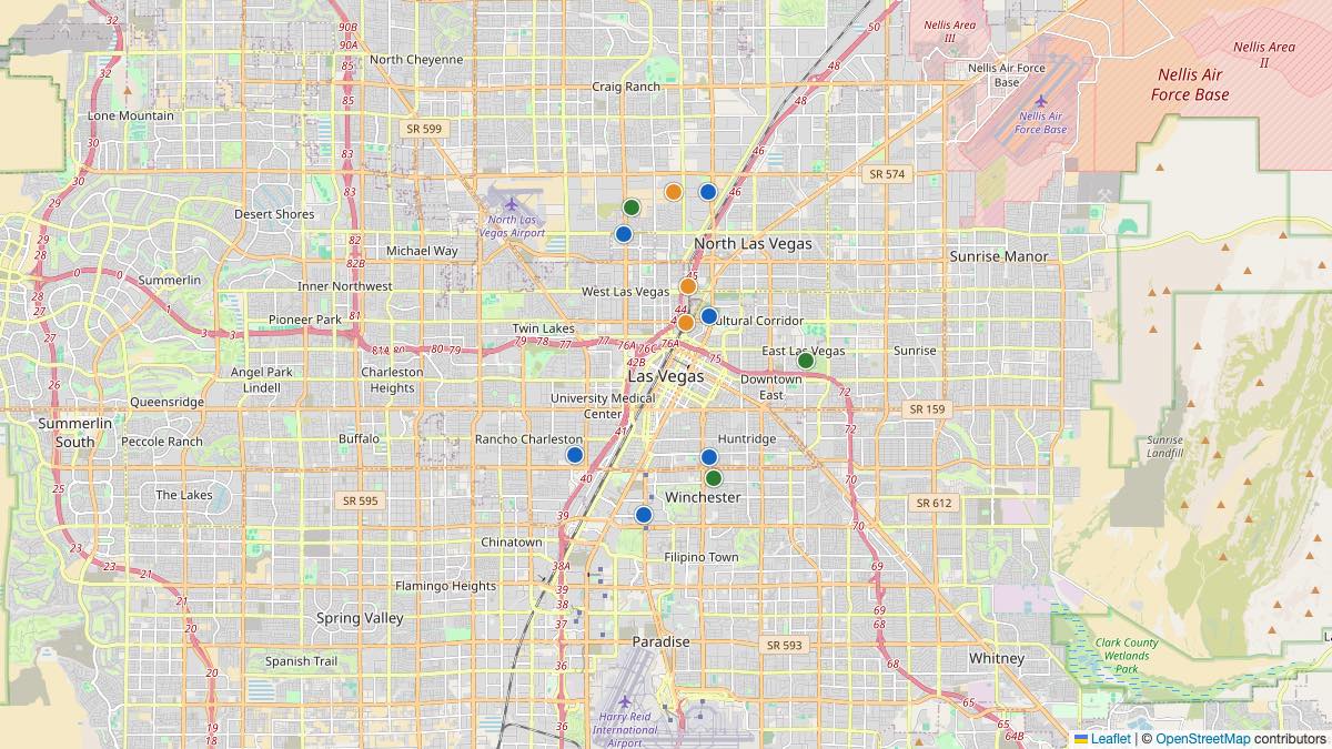 Map of the 12 Edit by Chase Travel hotels in Las Vegas, United States, each pin colored by nightly price tier