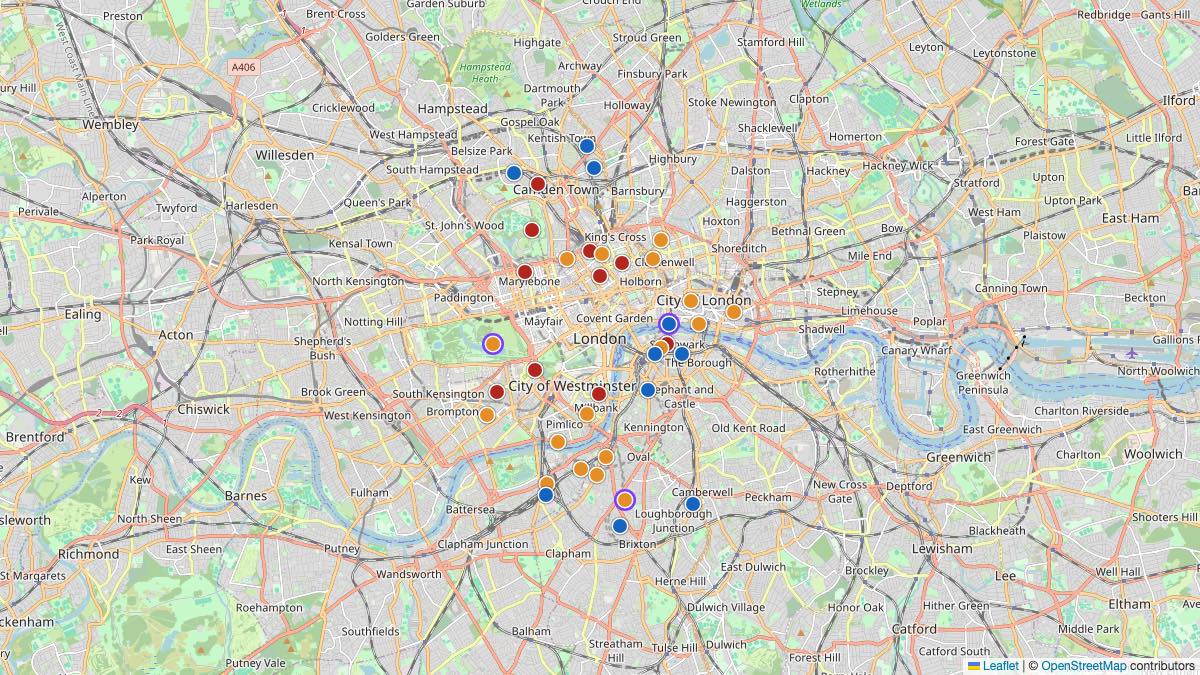 Map of the 37 Edit by Chase Travel hotels in London, United Kingdom, each pin colored by nightly price tier