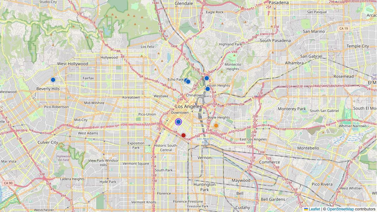 Map of the 7 Edit by Chase Travel hotels in Los Angeles, United States, each pin colored by nightly price tier