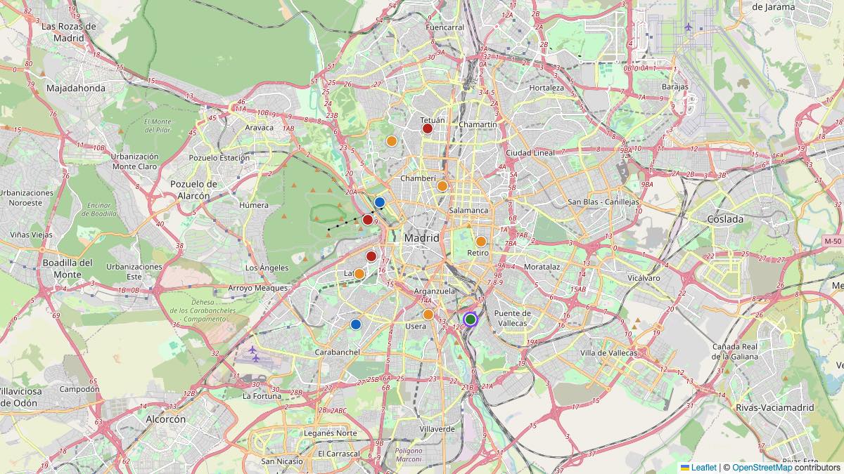 Map of the 12 Edit by Chase Travel hotels in Madrid, Spain, each pin colored by nightly price tier