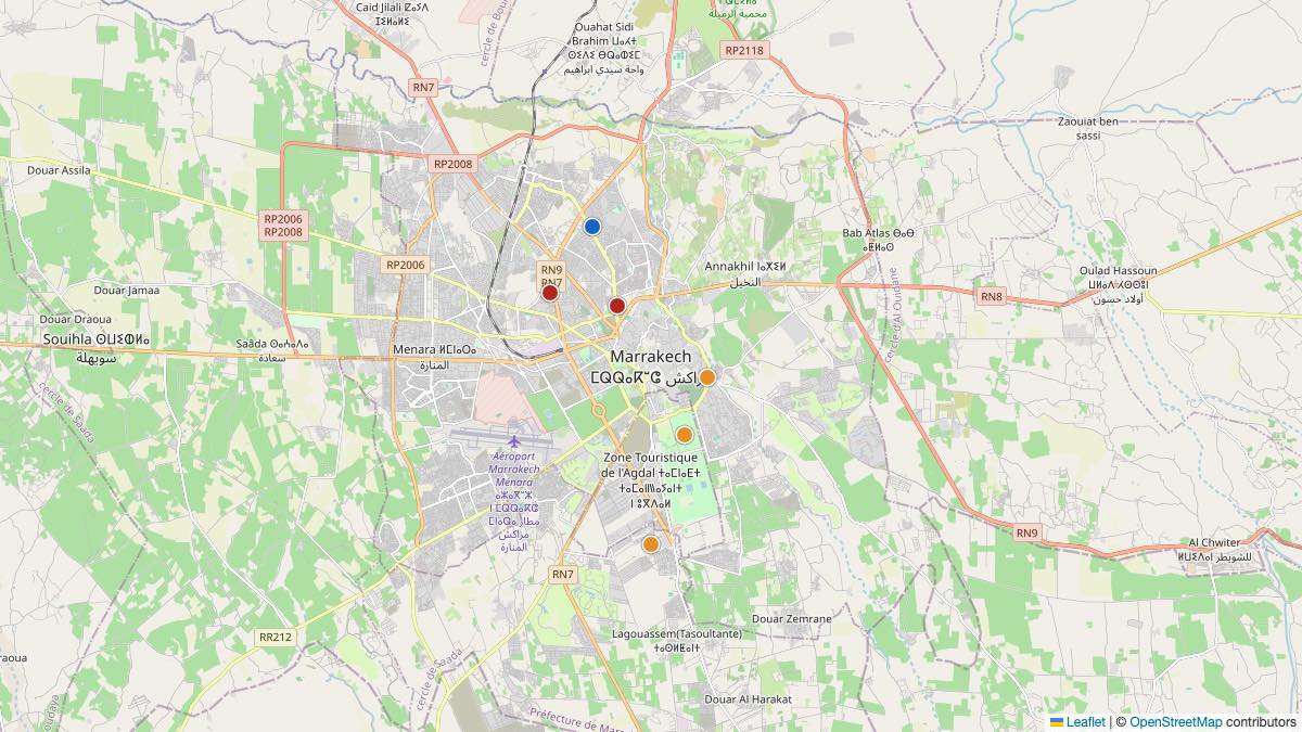 Map of the 6 Edit by Chase Travel hotels in Marrakech, Morocco, each pin colored by nightly price tier