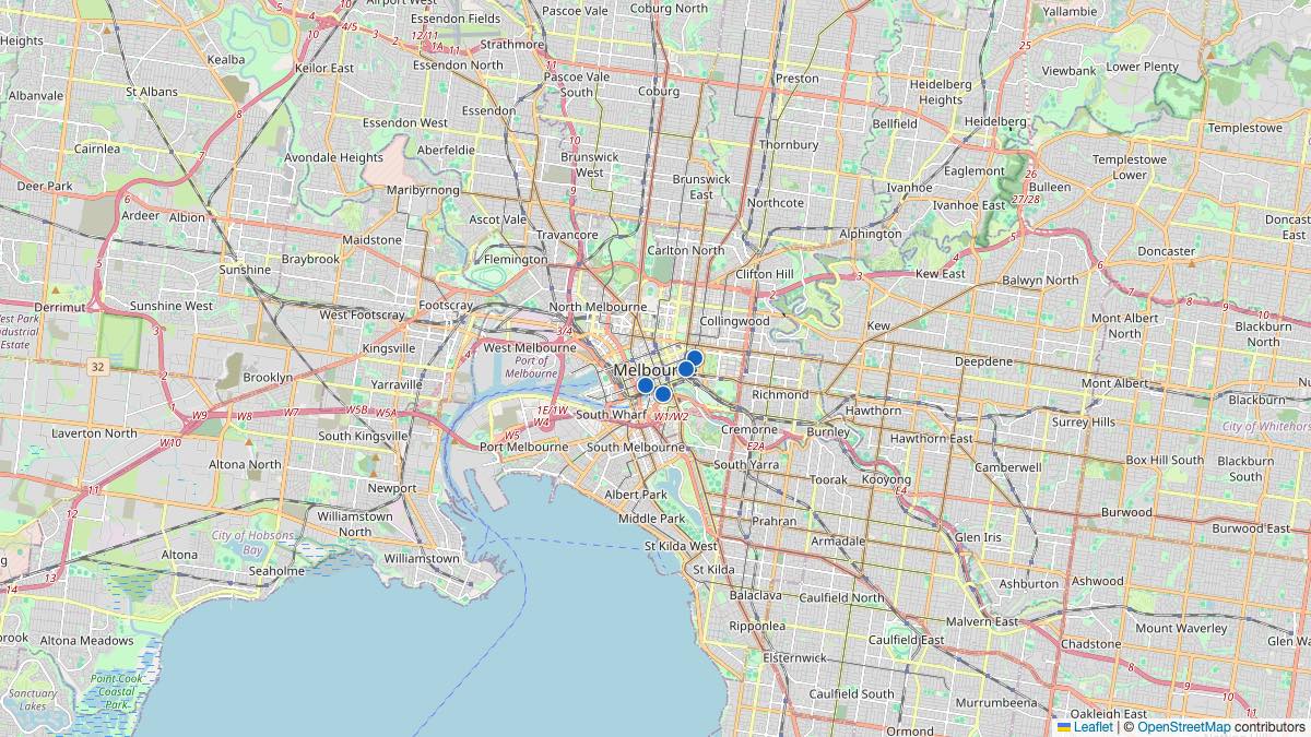 Map of the 4 Edit by Chase Travel hotels in Melbourne, Australia, each pin colored by nightly price tier