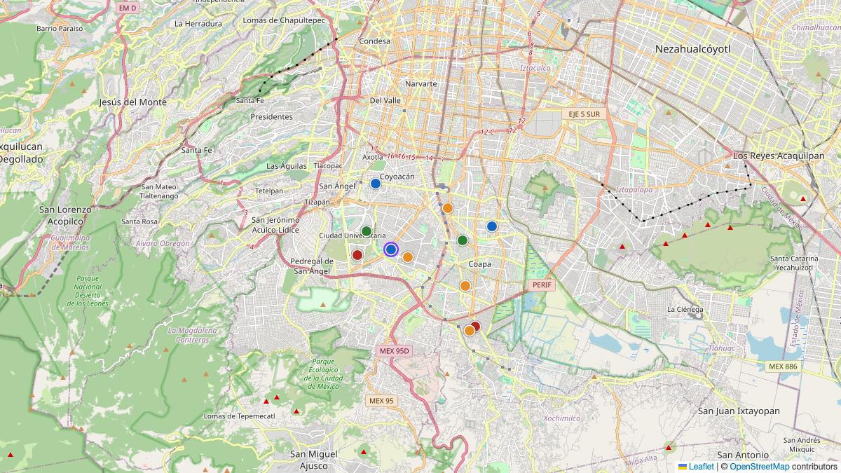Map of the 11 Edit by Chase Travel hotels in Mexico City, Mexico, each pin colored by nightly price tier