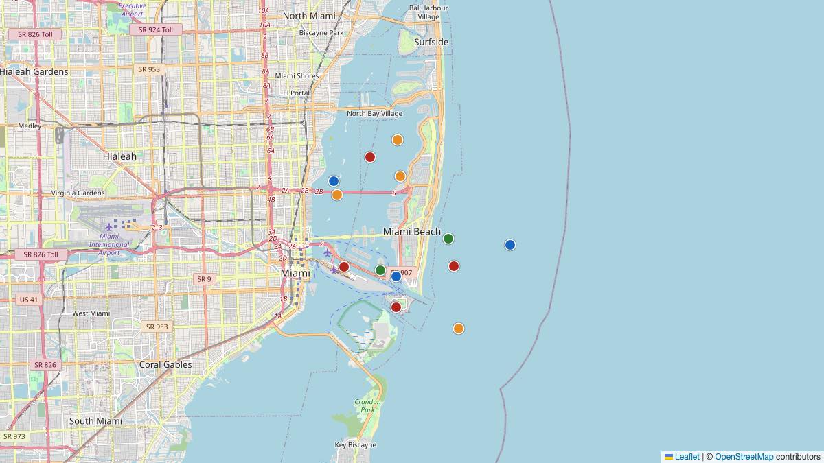Map of the 15 Edit by Chase Travel hotels in Miami Beach, United States, each pin colored by nightly price tier