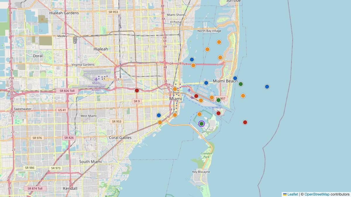 Map of the 8 Edit by Chase Travel hotels in Miami, United States, each pin colored by nightly price tier