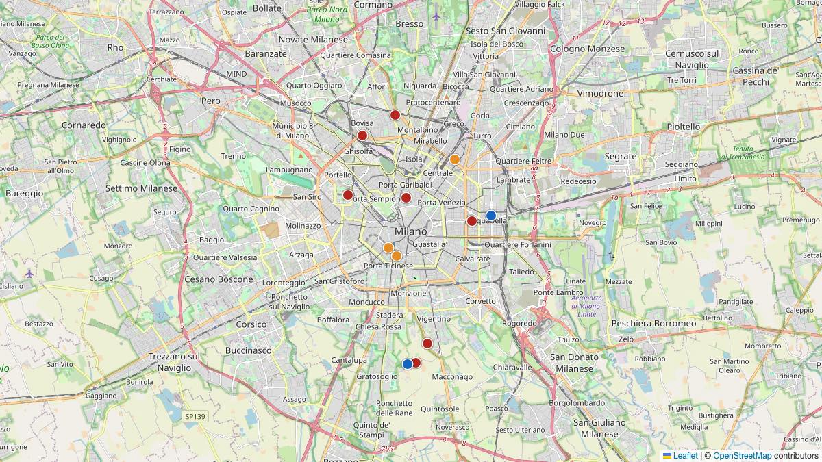 Map of the 13 Edit by Chase Travel hotels in Milan, Italy, each pin colored by nightly price tier