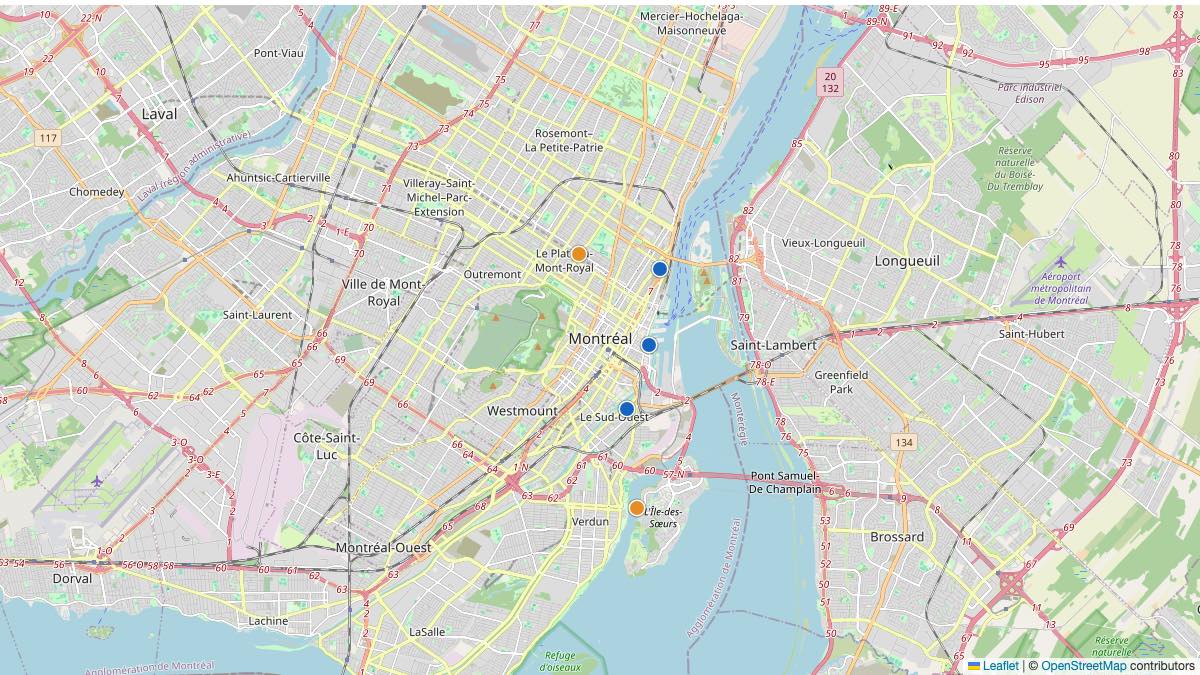 Map of the 5 Edit by Chase Travel hotels in Montreal, Canada, each pin colored by nightly price tier
