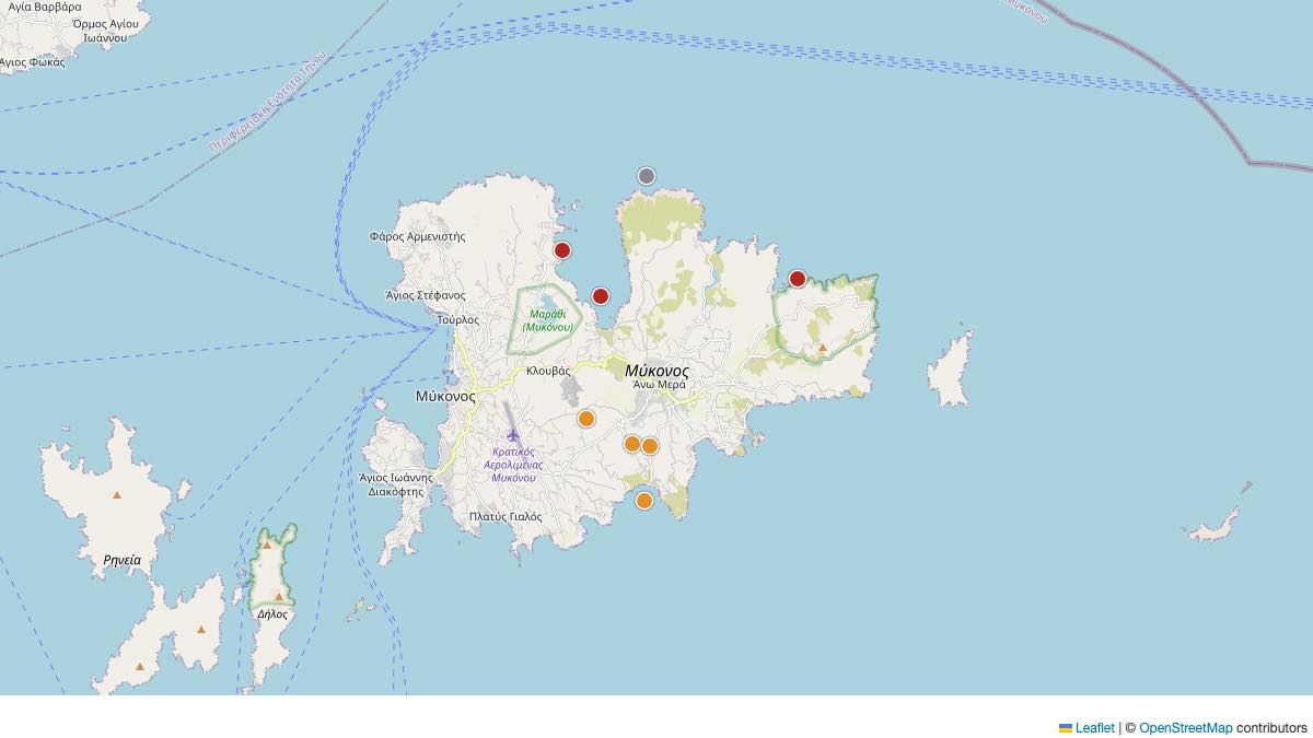 Map of the 8 Edit by Chase Travel hotels in Mykonos, Greece, each pin colored by nightly price tier