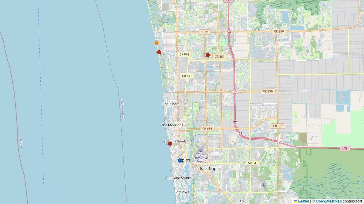 Map of the 5 Edit by Chase Travel hotels in Naples, United States, each pin colored by nightly price tier
