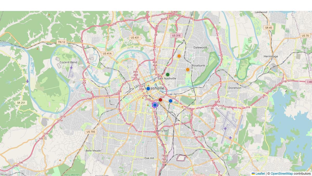 Map of the 7 Edit by Chase Travel hotels in Nashville, United States, each pin colored by nightly price tier